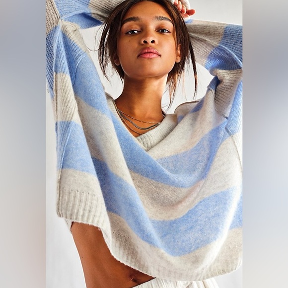 Free People Think Of You Stripe Cashmere Tunic V Neck Pullover Sweater - Picture 1 of 5